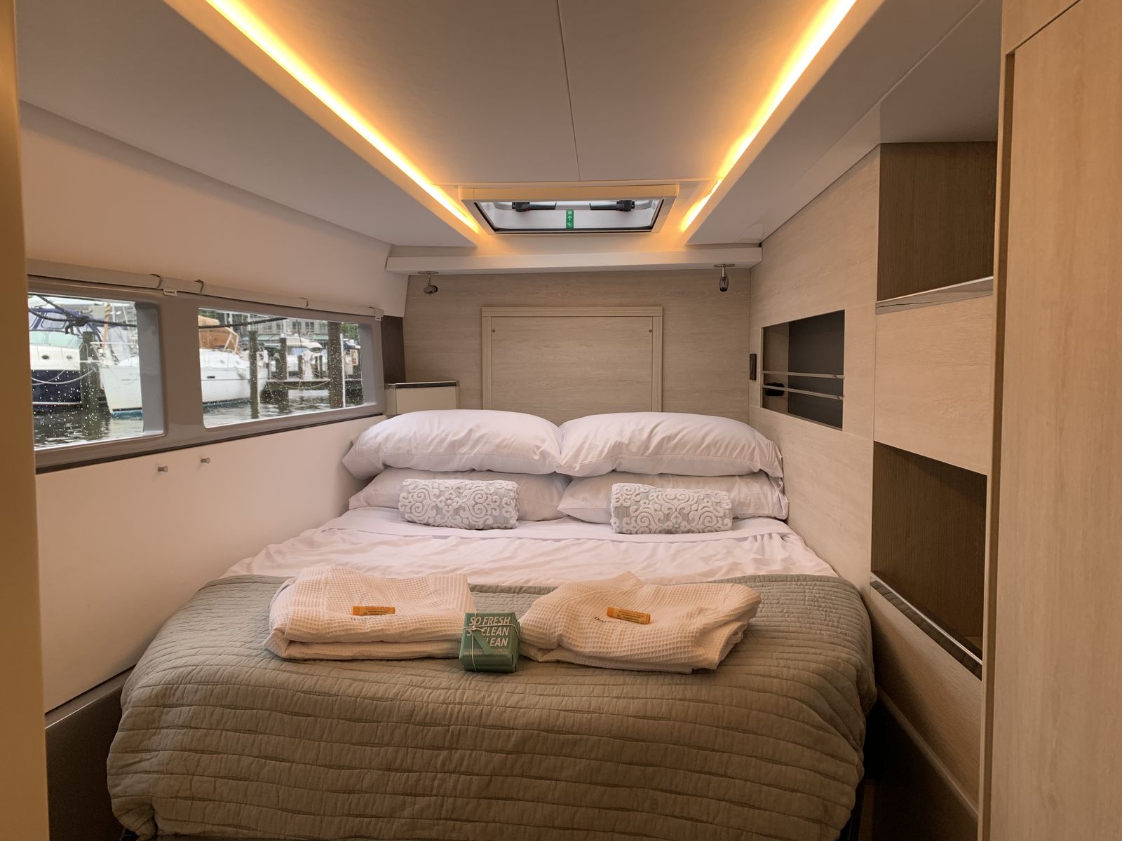 Wider view of made cabin berth
