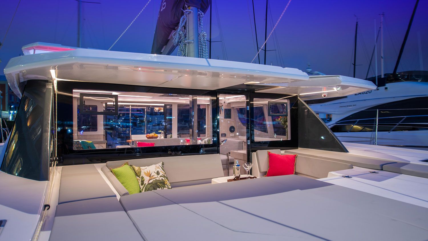 Forward cockpit lounge at dusk