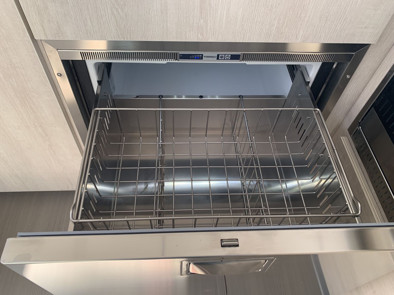 Galley refrigerator drawer open